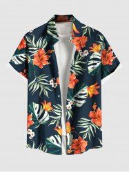 Plus Size Tropical Leaf Hibiscus Flower Print Hawaii Button Pocket Shirt For Men -  