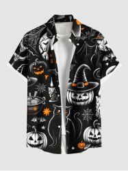 Plus Size Pumpkin Wizard Cat Spider Web Bat Castle Print Halloween Button Pocket Shirt For Men -  