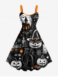 Plus Size Pumpkin Wizard Cat Spider Web Bat Castle Print Halloween Costume A Line Tank Dress -  