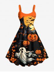 Plus Size Pumpkin Ghost Tree Castle Bat Moon Print Halloween Costume A Line Dress -  