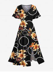 Robe mi-longue hawaïenne grande taille à imprimé bulles de fleurs de lys et poches fendues - Noir 6X