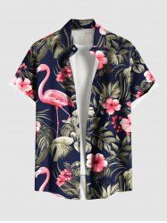Plus Size Tropical Leaf Hibiscus Flower Flamingo Print Hawaii Button Pocket Shirt For Men -  