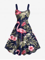 Plus Size Tropical Leaf Hibiscus Flower Flamingo Print Hawaii A Line Tank Dress -  