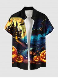 Plus Size Pumpkin Lantern Bat Castle Moon Print Halloween Button Pocket Shirt For Men -  