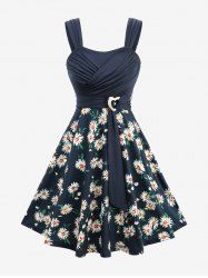 Daisy Flowers Leaf Print Surplice Ruched Heart Buckle Tank Dress -  