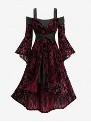 Plus Size Cold Shoulder Flare Sleeve Flower Flocking Belted High Low Asymmetric Dress -  