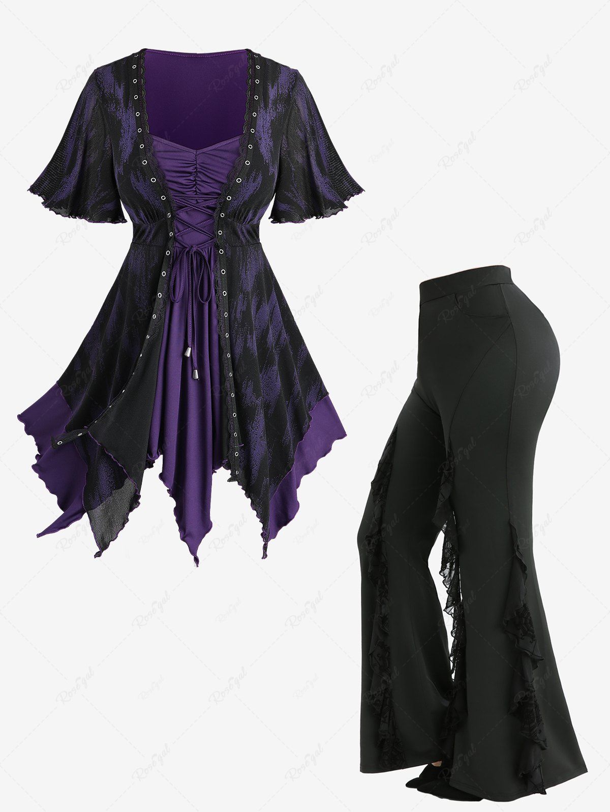 Hot Ruffles Lace Up Asymmetrical 2 In 1 Top and Spider Web Flocking Lettuce Flare Pants Plus Size Outfit  
