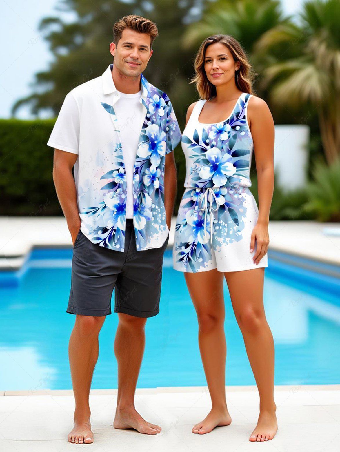 Sale Matching Hawaii Shirt and Romper Plus Size Beach Outfit Flowers Leaf Printed for Couples  
