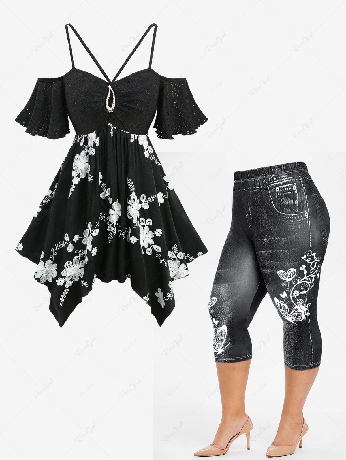 Best Jacquard Floral Embroidered Handkerchief Top and 3D Jeans Butterfly Print Leggings Plus Size Outfit  