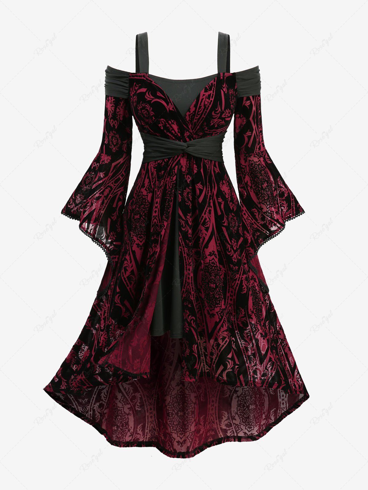 Unique Plus Size Cold Shoulder Flare Sleeve Flower Flocking Belted High Low Asymmetric Dress  