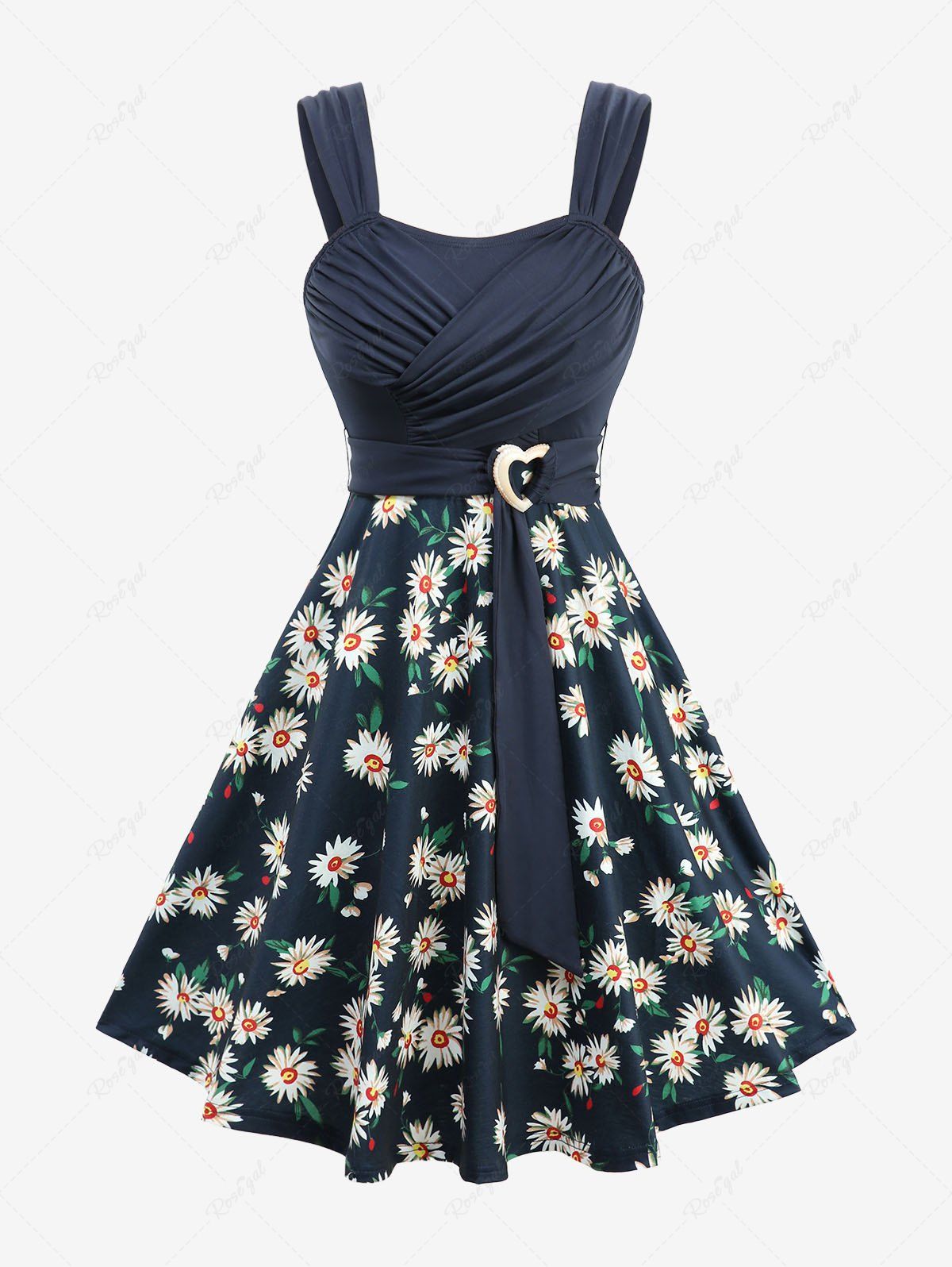 Robe débardeur froncée à imprimé marguerites et feuilles, avec boucle en forme de cœur Bleu XXL