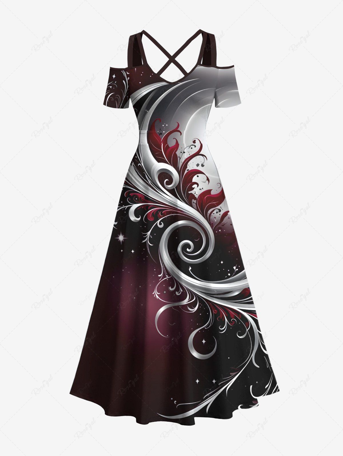 Robe longue hawaïenne grande taille à imprimé floral et feuilles galaxie, épaules dénudées et croisée Noir 6X