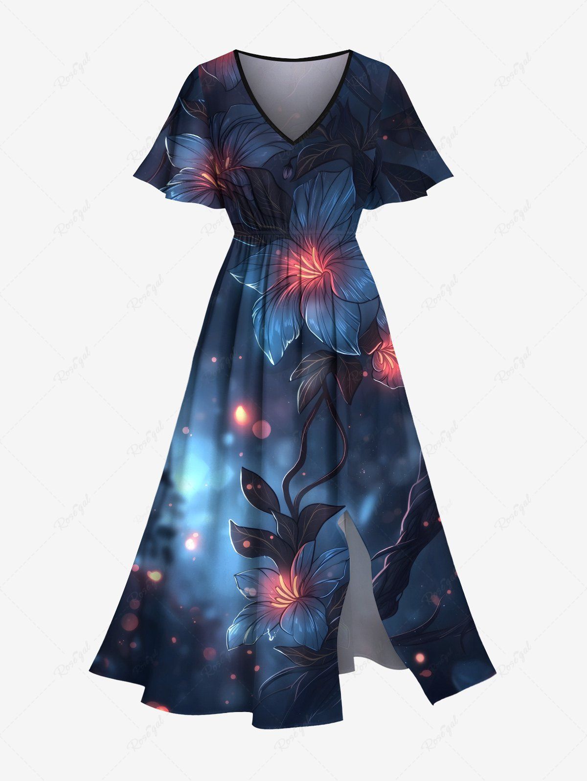 Robe mi-longue hawaïenne fendue à imprimé pois et fleurs d'hibiscus grande taille Bleu profond 6X
