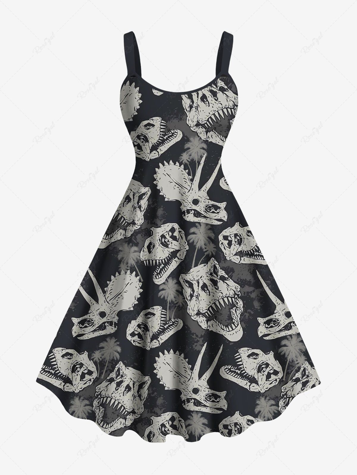 Best Plus Size Dinosaur Skulls Coconut Tree Print Hawaii Tank Dress  