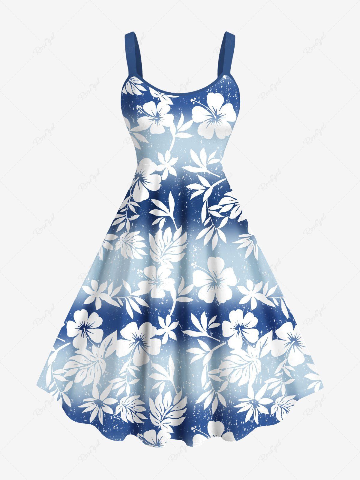 Robe débardeur hawaïenne grande taille à imprimé feuilles et fleurs d'hibiscus ombré Bleu clair XXS