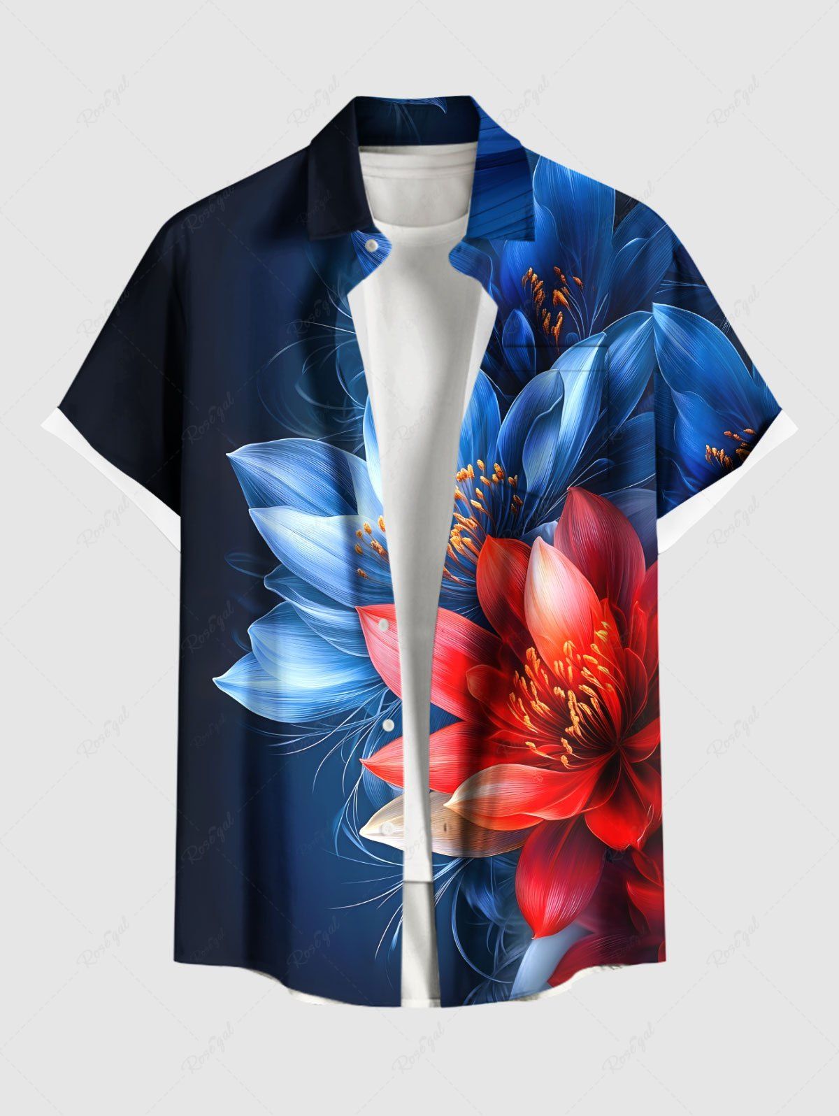 Shops Plus Size Flowers Print Buttons Pocket Hawaii Shirt For Men  