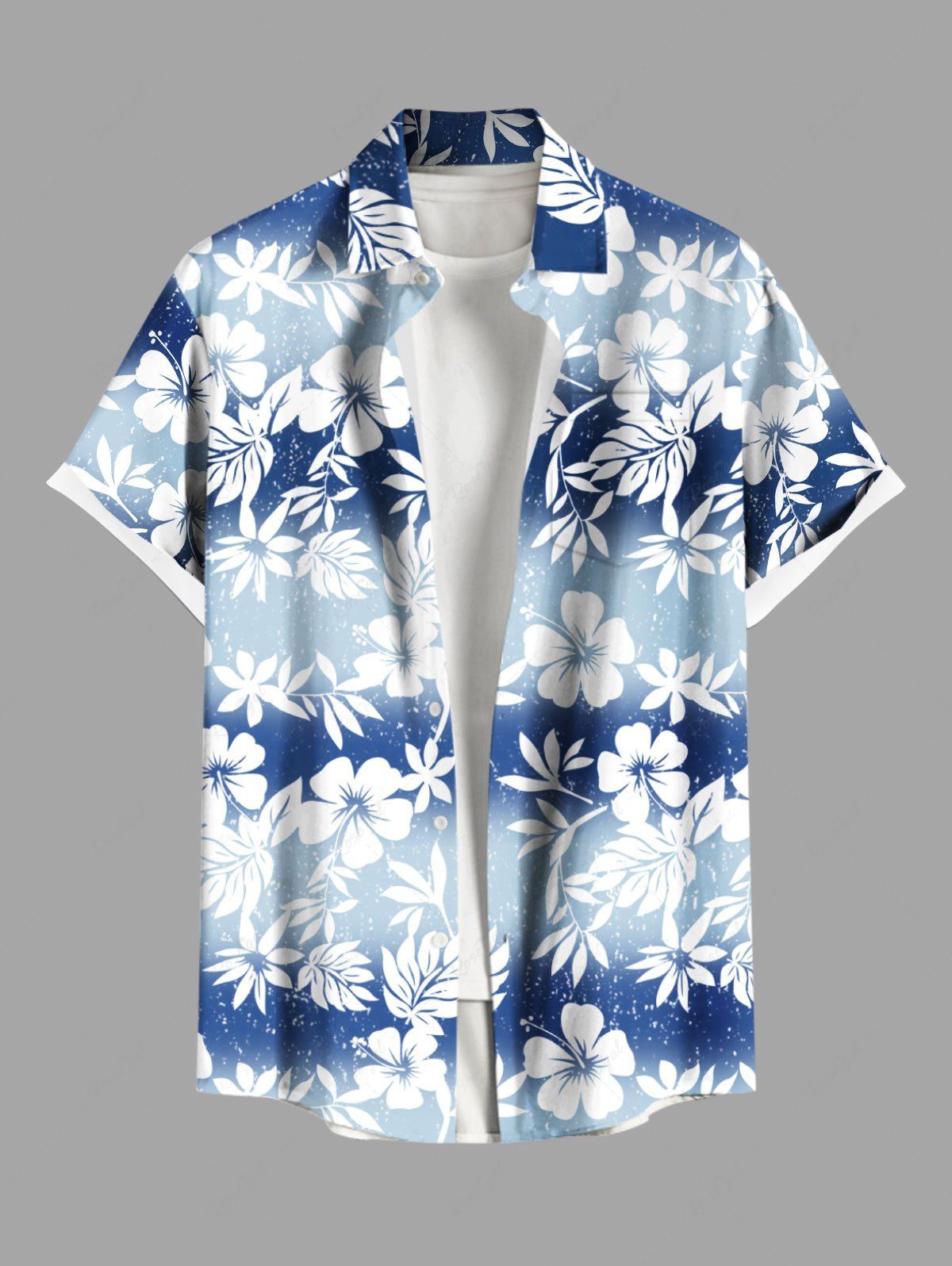 Online Plus Size Hibiscus Flowers Leaf Ombre Colorblok Print Buttons Pocket Hawaii Shirt For Men  