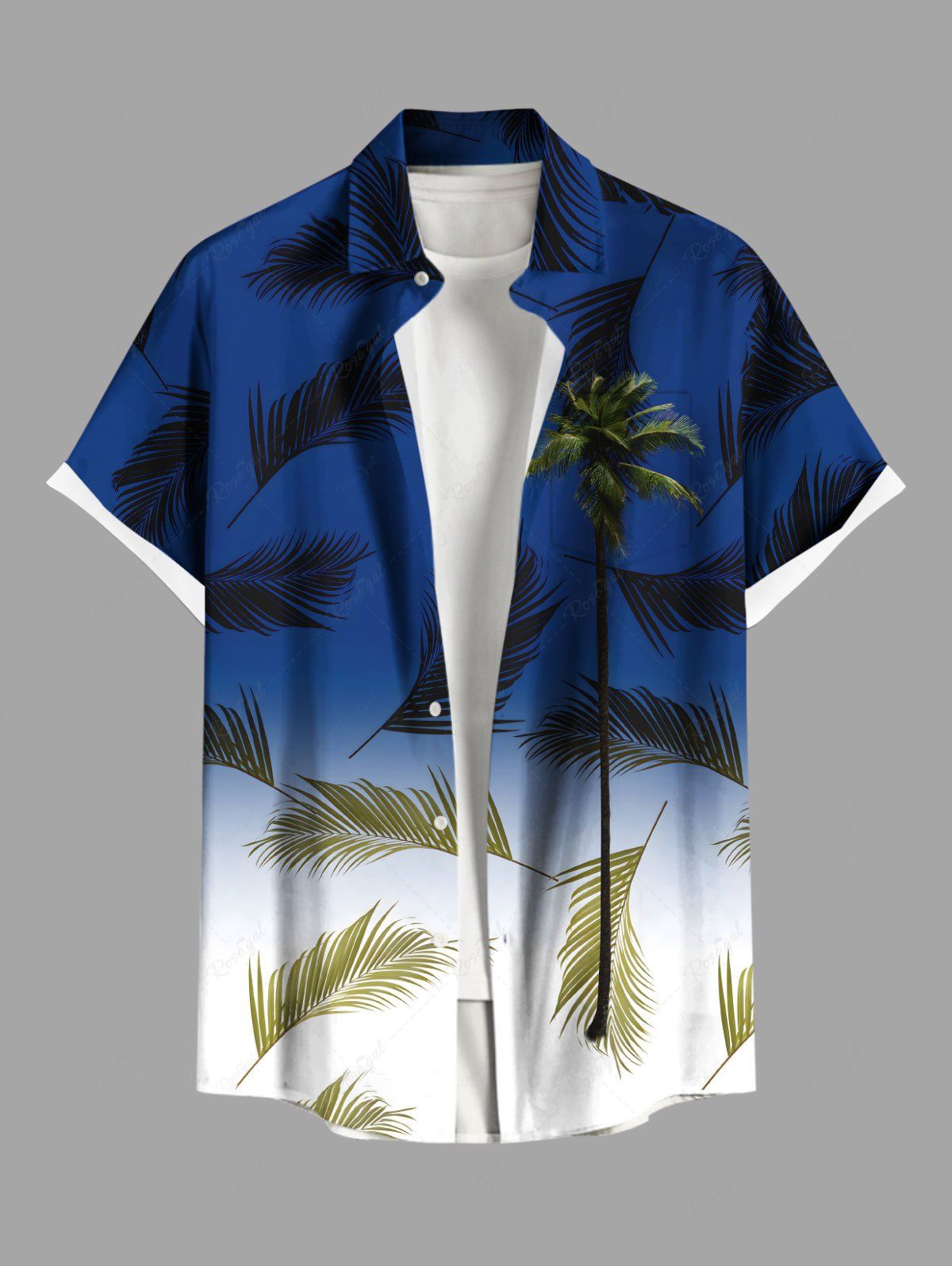 Shops Plus Size Coconut Tree Tropical Leaf Ombre Colorblock Print Buttons Pocket Hawaii Shirt For Men  