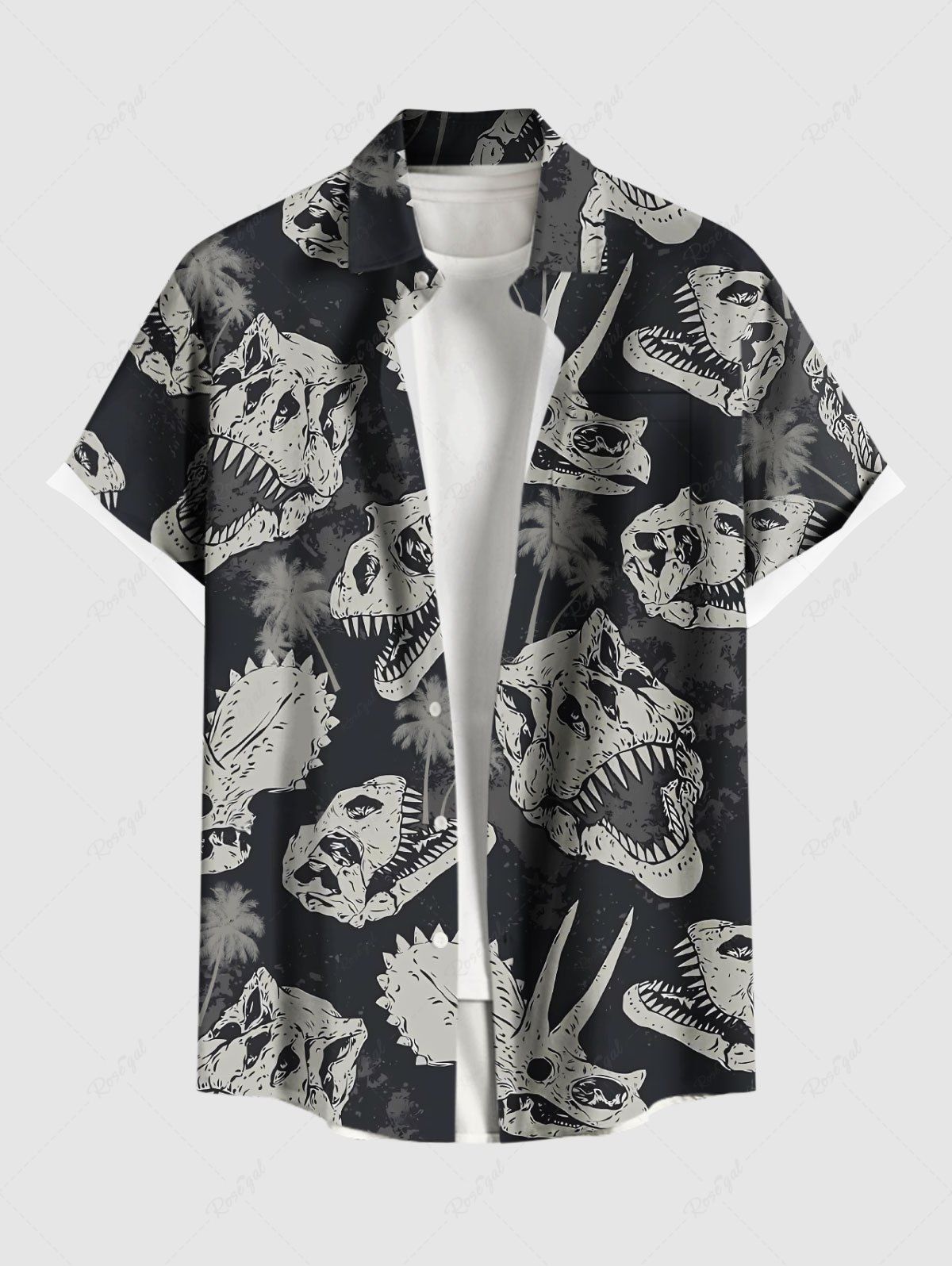 Cheap Plus Size Dinosaur Skulls Coconut Tree Print Buttons Pocket Hawaii Shirt For Men  