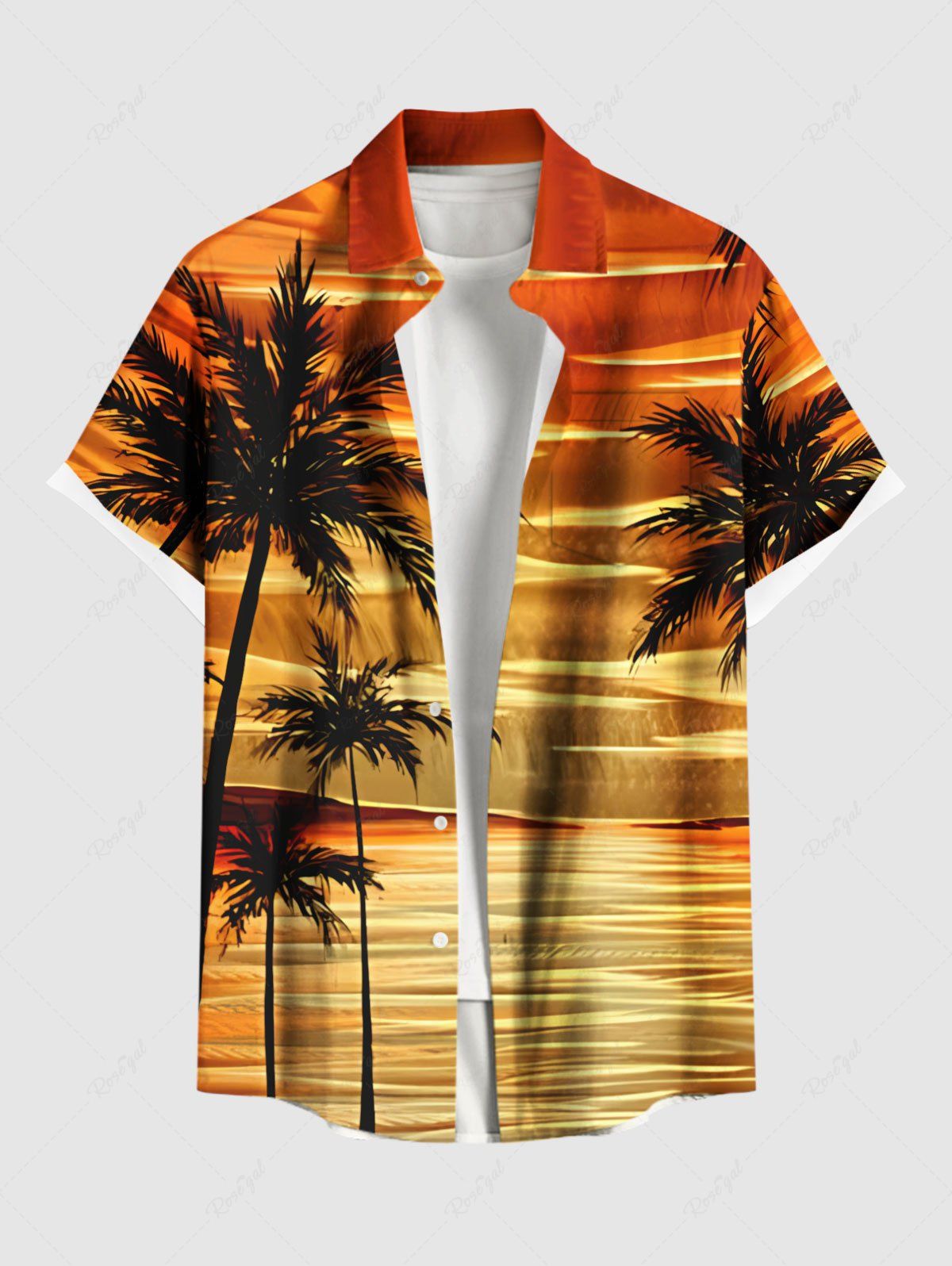 Chemise hawaïenne grande taille à imprimé cocotiers et paysage marin, avec poches et boutons, pour homme Orange 3XL