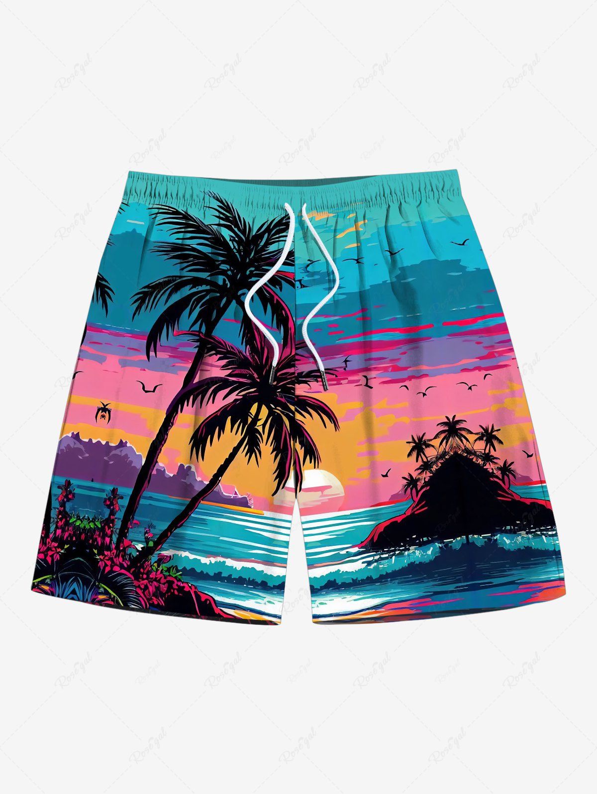 Cheap Plus Size Coconut Tree Seascape Sun Colorful Cloud Print Hawaii Beach Shorts For Men  