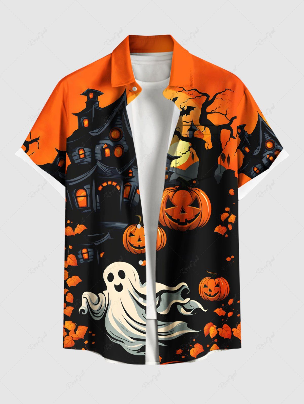 Chemise grande taille à imprimé citrouille, arbre fantôme, château, chauve-souris, lune, Halloween, boutonnée et poche pour homme Orange Foncé 4XL