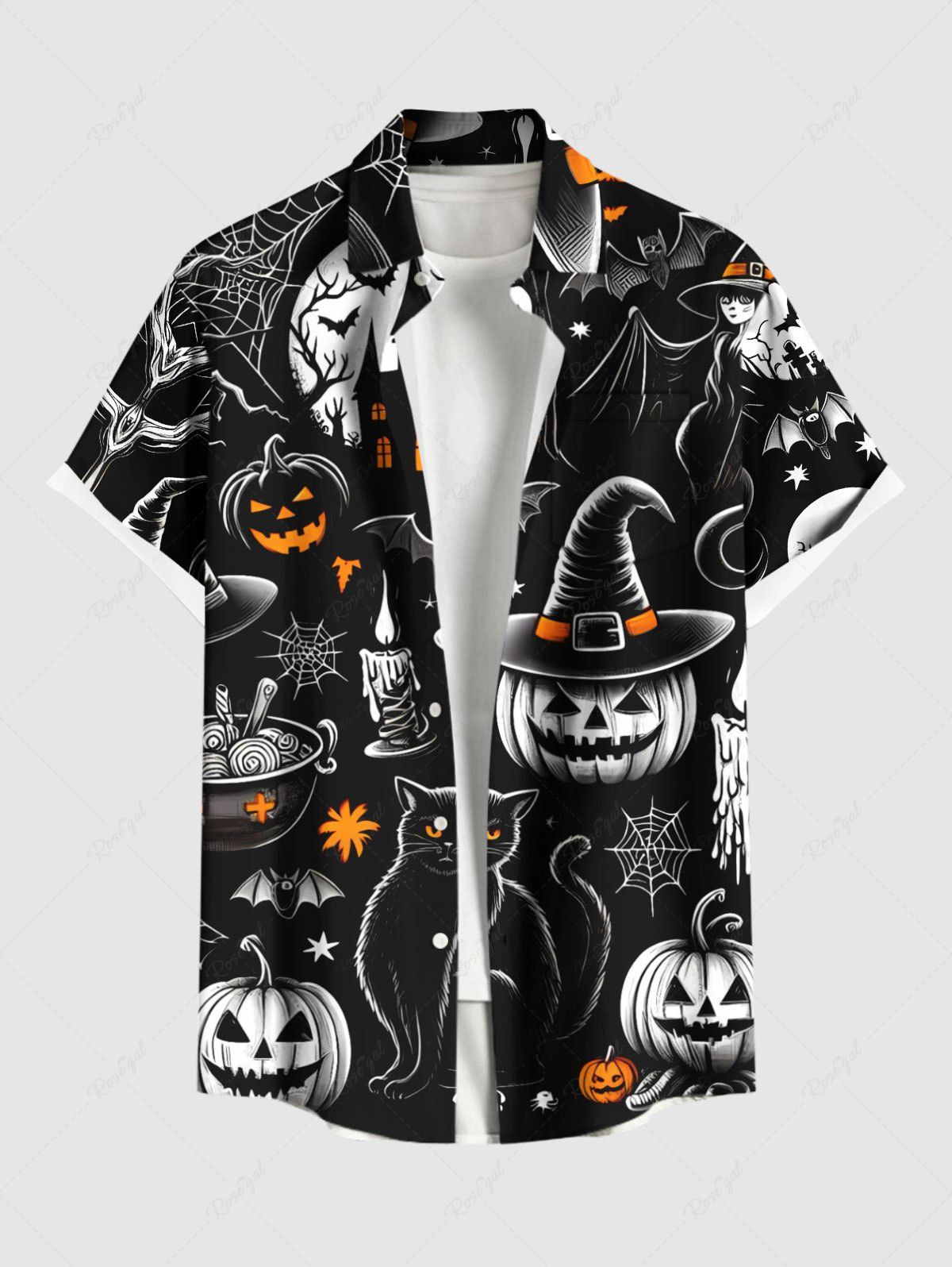 Chemise grande taille à imprimé citrouille, sorcier, chat, toile d'araignée, chauve-souris, château, Halloween, boutonnée, poche, pour homme Noir XL