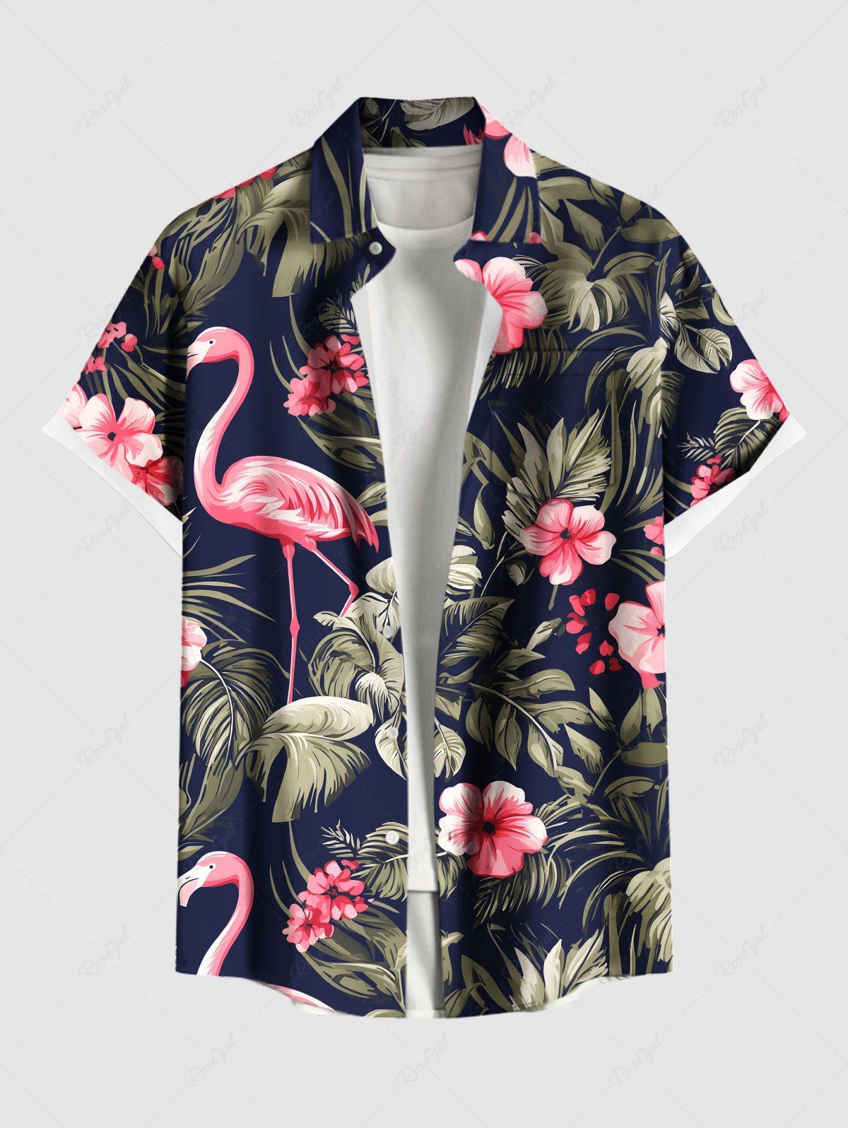 Chemise hawaïenne grande taille à imprimé feuilles tropicales, hibiscus, fleurs et flamants roses, avec poches boutonnées pour homme Noir M