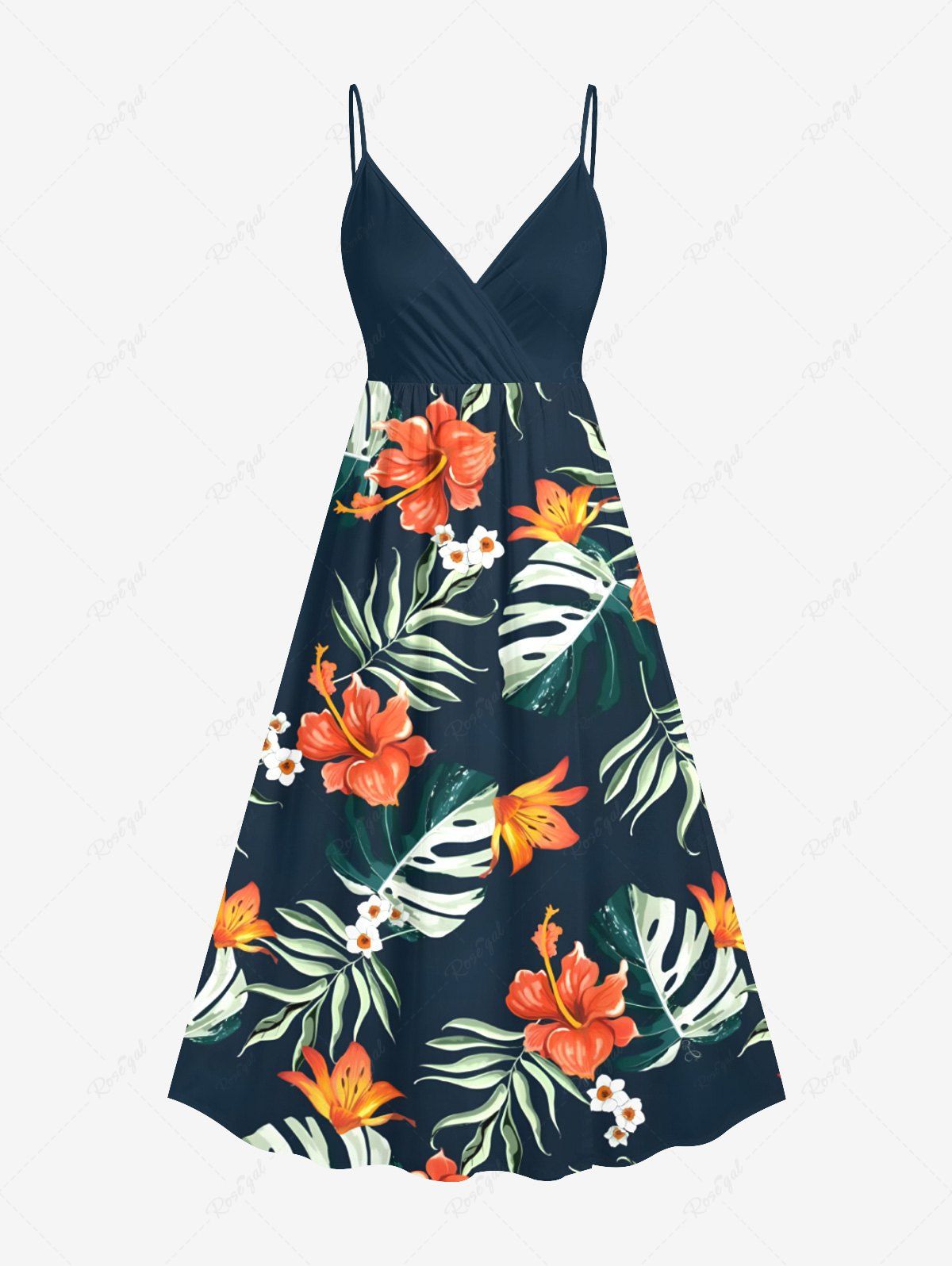 Robe caraco trapèze à imprimé feuilles tropicales et fleurs d'hibiscus hawaïennes grande taille Bleu profond XXS