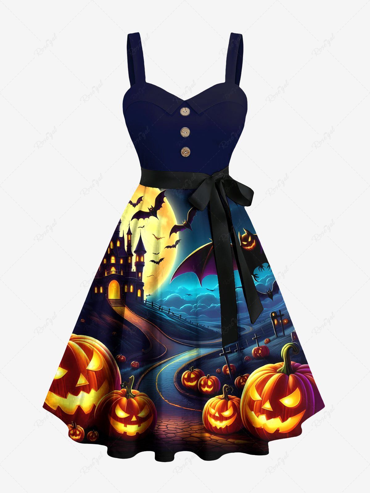 Outfits Plus Size Pumpkin Lantern Bat Castle Moon Print Halloween Costume Button A Line Dress with Removable Belt  