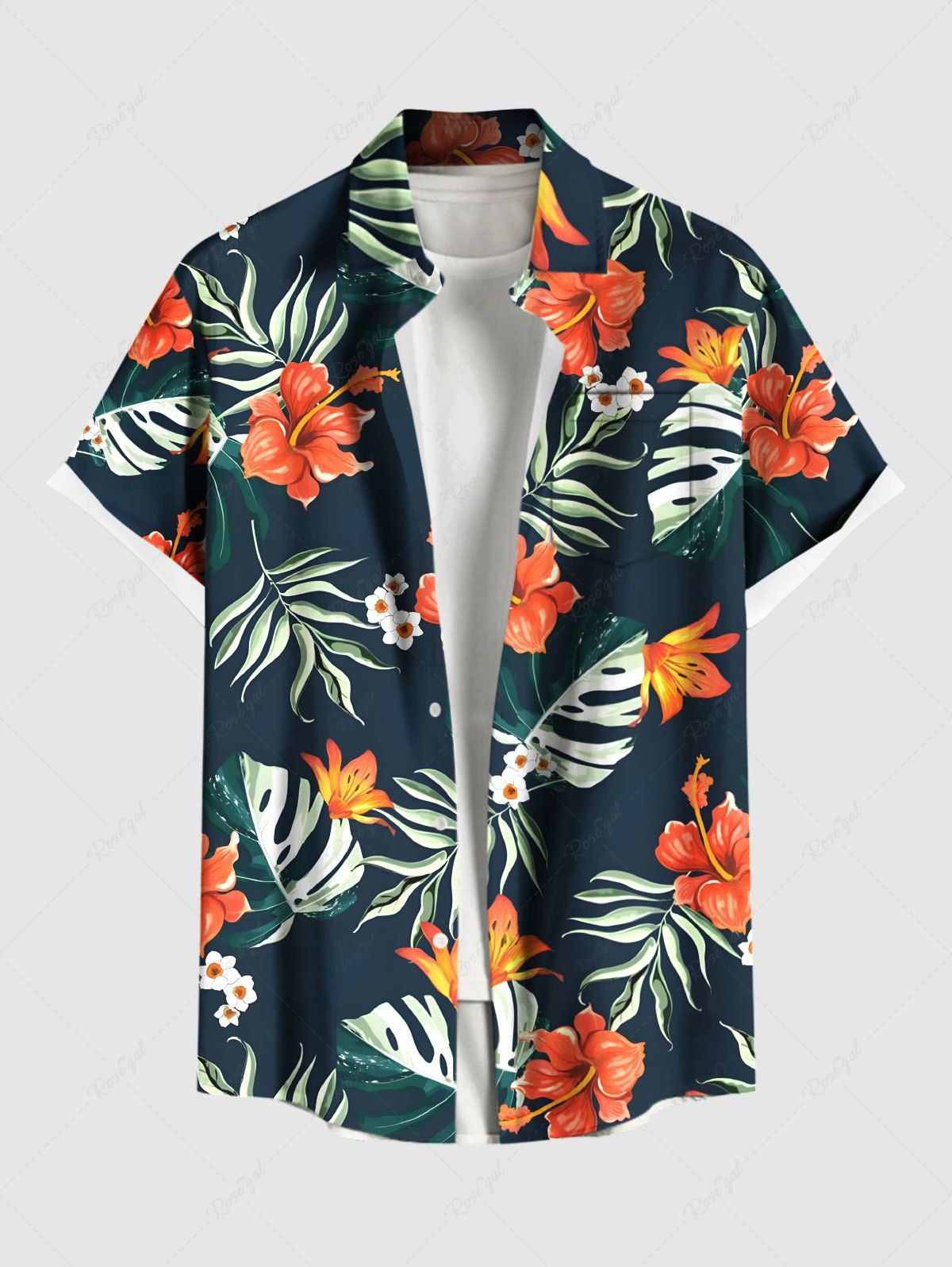 Chemise hawaïenne grande taille à imprimé feuilles tropicales et fleurs d'hibiscus pour homme Noir 5XL