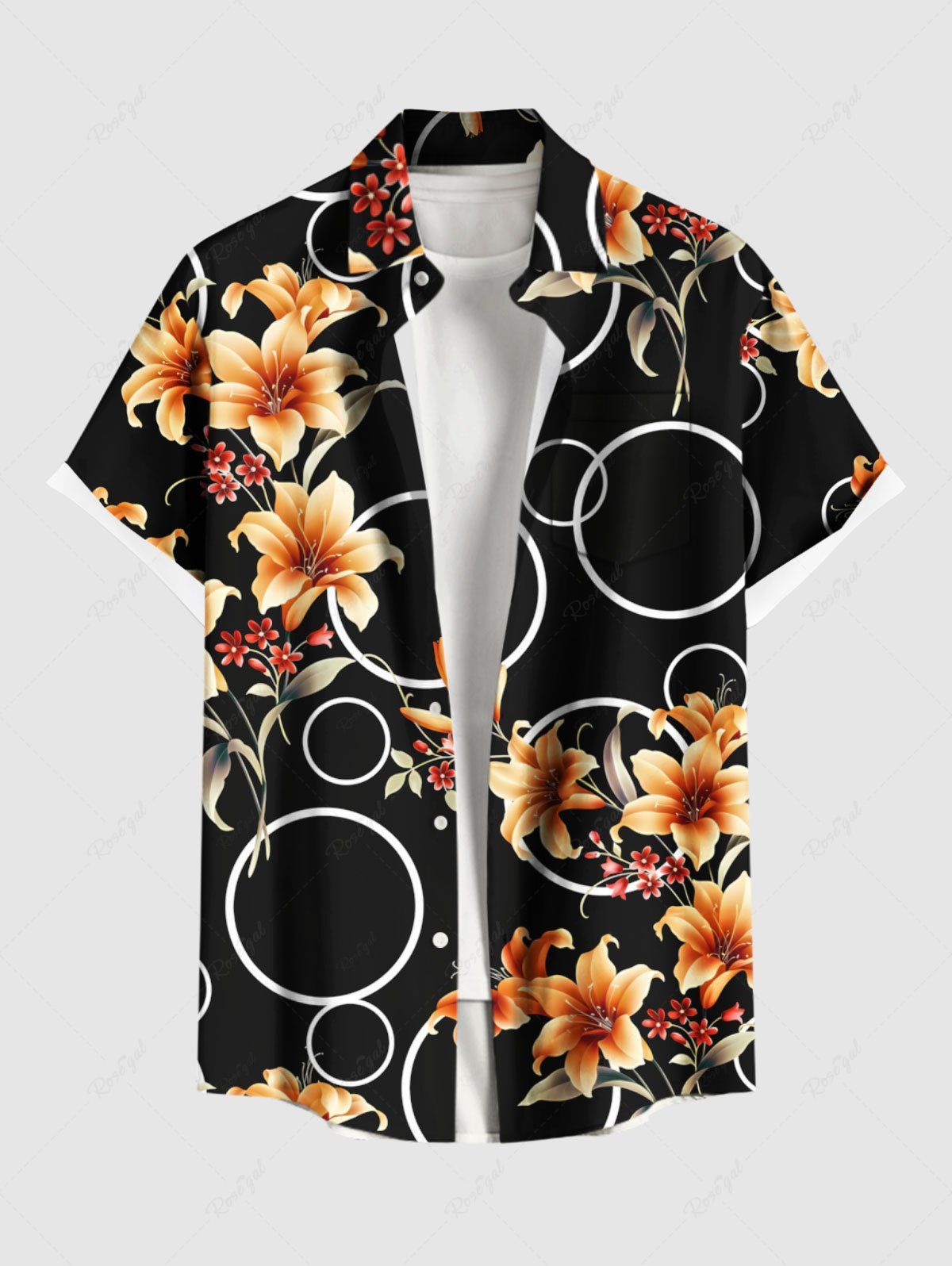 Chemise hawaïenne grande taille à imprimé bulles de fleurs de lys et poches boutonnées pour homme Noir S