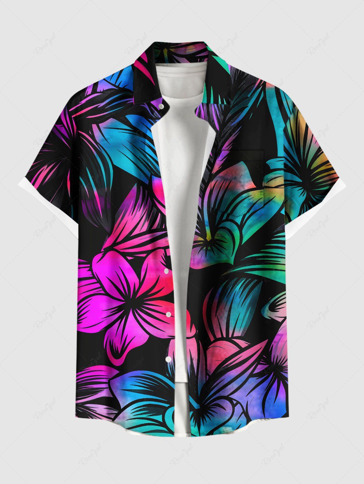 Shops Plus Size Colorful Ombre Hibiscus Flower Print Hawaii Button Pocket Shirt For Men  