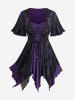 Ruffles Lace Up Asymmetrical 2 In 1 Top and Spider Web Flocking Lettuce Flare Pants Plus Size Outfit -  