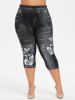 Jacquard Floral Embroidered Handkerchief Top and 3D Jeans Butterfly Print Leggings Plus Size Outfit -  
