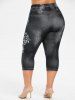 Jacquard Floral Embroidered Handkerchief Top and 3D Jeans Butterfly Print Leggings Plus Size Outfit -  