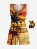 Ensemble chemise et barboteuse hawaïennes assorties, tenue de plage grande taille, imprimé cocotiers et paysage marin, pour couples - Orange 