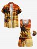 Ensemble chemise et barboteuse hawaïennes assorties, tenue de plage grande taille, imprimé cocotiers et paysage marin, pour couples - Orange 