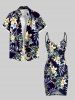 Tenue de plage hawaïenne assortie grande taille à imprimé feuilles tropicales et fleurs d'hibiscus pour couples - Noir 