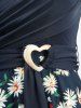 Daisy Flowers Leaf Print Surplice Ruched Heart Buckle Tank Dress -  