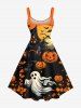 Plus Size Pumpkin Ghost Tree Castle Bat Moon Print Halloween Costume A Line Dress -  