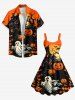 Plus Size Pumpkin Ghost Tree Castle Bat Moon Print Halloween Costume A Line Dress -  