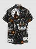 Plus Size Pumpkin Wizard Cat Spider Web Bat Castle Print Halloween Button Pocket Shirt For Men -  