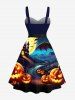 Plus Size Pumpkin Lantern Bat Castle Moon Print Halloween Costume Button A Line Dress with Removable Belt -  