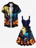 Plus Size Pumpkin Lantern Bat Castle Moon Print Halloween Costume Button A Line Dress with Removable Belt -  