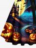 Plus Size Pumpkin Lantern Bat Castle Moon Print Halloween Costume Button A Line Dress with Removable Belt -  