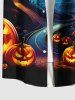 Plus Size Pumpkin Lantern Bat Castle Moon Print Halloween Button Pocket Shirt For Men -  