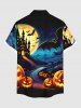 Plus Size Pumpkin Lantern Bat Castle Moon Print Halloween Button Pocket Shirt For Men -  