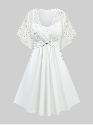 Plus Size Stars Print Buckle Button Pockets Ruched Butterfly Sleeves Dress - WHITE - 4X | US 26-28