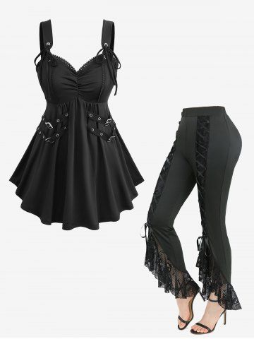 Ruched Solid Top and Skull Fishnet Mesh Lace Up Ruffles Flare Pants Plus Size Outfit - BLACK